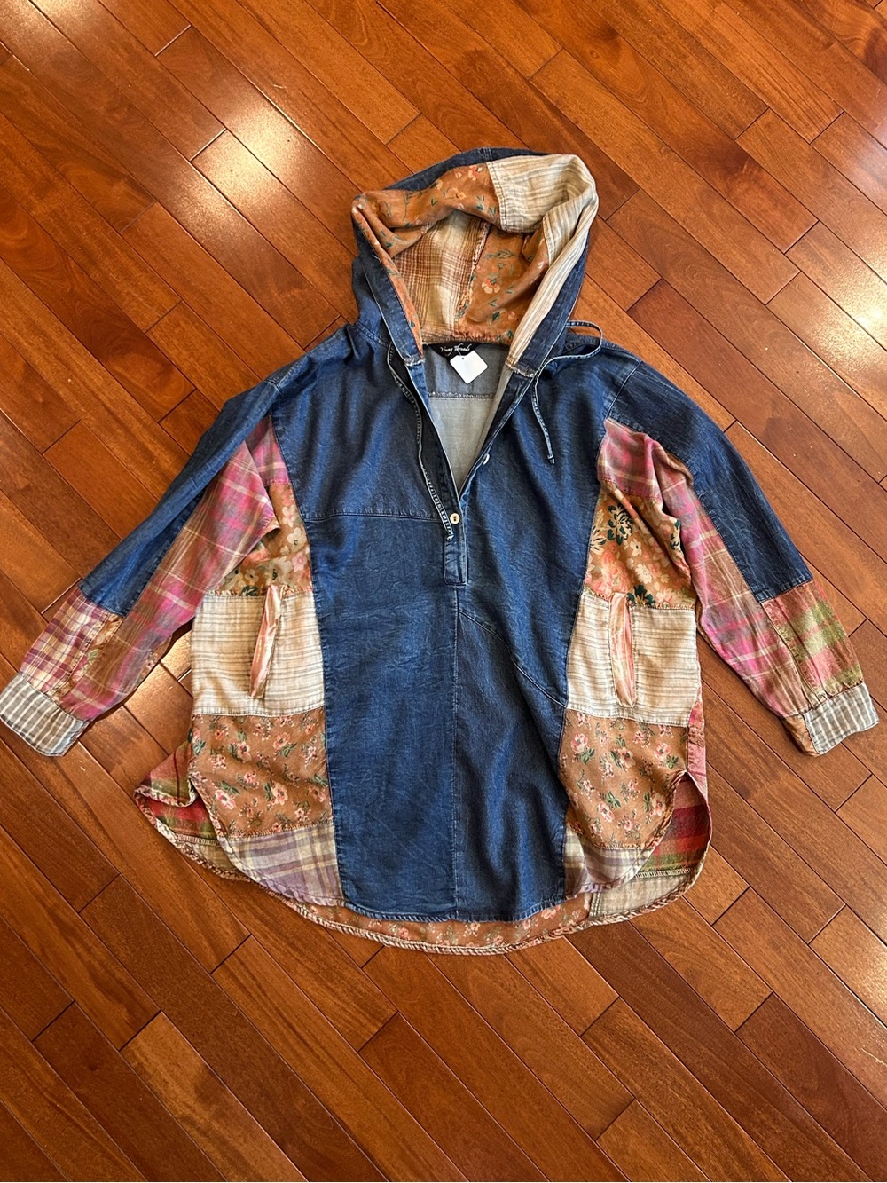 patchwork denim shirt with a hood large new